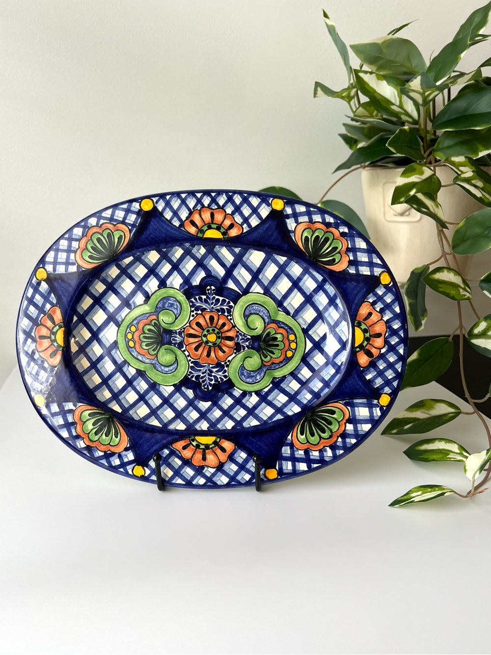 Vintage Moctezuma Mexico Ceramic Hand Painted Oval Platter 11.75” Blue Floral